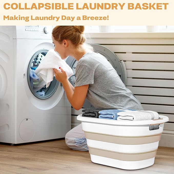 OOAMBB 43L(11.5Gallon) Collapsible Plastic Laundry Baskets (Beige, 2 Packs) | Pop Up Laundry hamper/Storage Container,Foldable Laundry Basket with Large Capacity,Sturdy,Space Saver
