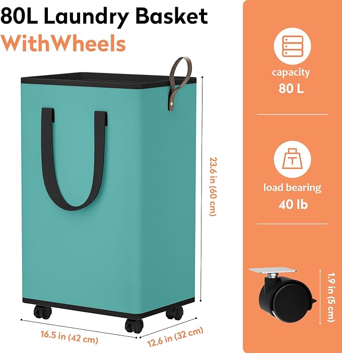 SpaceTrove Rolling Laundry Basket with Wheels, Laundry Hamper, 80L, Green | Collapsible, 4 detachable wheels including 2 with brakes, sturdy handle, metal frame, for dorms, bathrooms and bedrooms