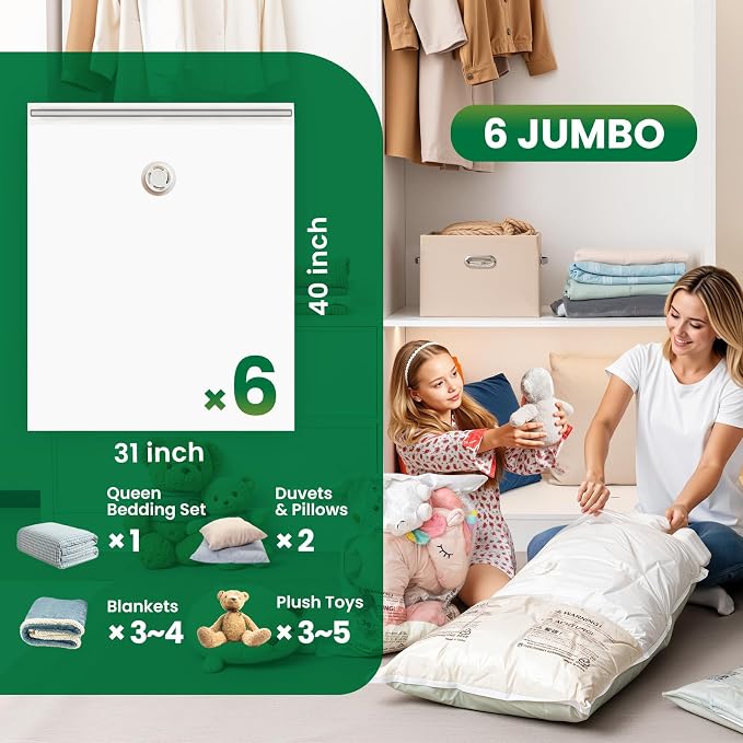 TAILI 6 Pack Vacuum Storage Bags, Jumbo Size (31×40 inch), Vacuum Seal Bag for Clothing, Bulky Bedding, Comforter, Blankets, Pillows, Space Saver Packing