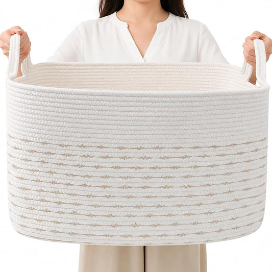65L Large Laundry Basket with Handles,Woven Blanket Basket,Yellow | 21"×16"×12" Collapsible Cotton Rope Storage Basket for Toys Clothes & Pillows, Nursery, Bathroom, Bedroom, Living Room