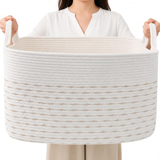 96L Woven Laundry Basket with Handles, Extra Blanket Basket,Yellow | 24"×16"×15" Collapsible Cotton Rope Storage Basket for Toys Clothes & Pillows, Nursery, Bathroom, Bedroom, Living Room