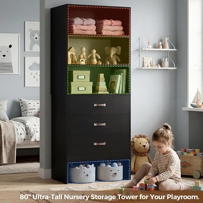 Armocity Freestanding 2FT Closet System with Leather Handles, 24" Walk-in Closets Storage Unit with Cabinet, Wood Wardrobe Closet Organizer and Storage with 3 Drawers for Small Space, Laundry, Black