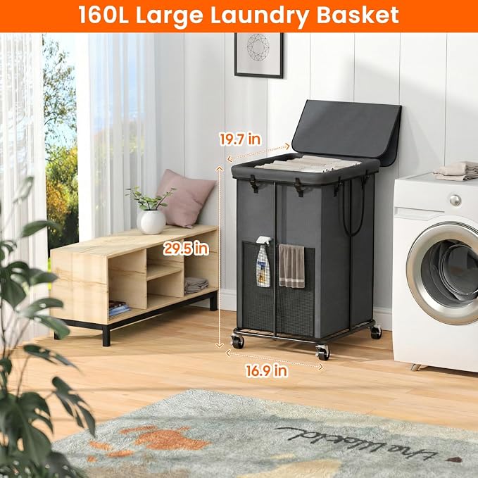 160L Laundry Hamper with Lid & Wheels, Rolling Laundry Basket with Bag | Sturdy Metal Frame | Laundry Bag with Handles| Large & Tall Clothes Hampers for Laundry Room, Bedroom, Dorm, Bathroom-Gray