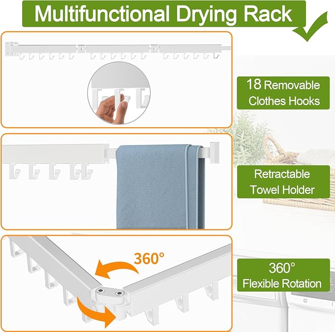 Kelisiting Foldable Clothes Drying Rack, 2 Fold Laundry Drying Rack Wall Mount, [No Drilling] Folding & Durable Space Saver for Laundry, Balcony, Bathroom, Patio, Dormitory, Apartment-White