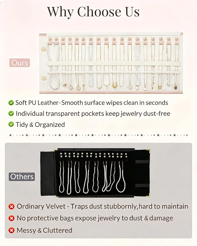Lolalet Travel Necklace Organizer, Foldable Jewelry Case, Pink, 18 Slots | Tangle-Free, Roll Up, PU Outer, Velvet Lining, Space-Saving, for Chains Bracelets, Gift for Women Girls Daughters Friends
