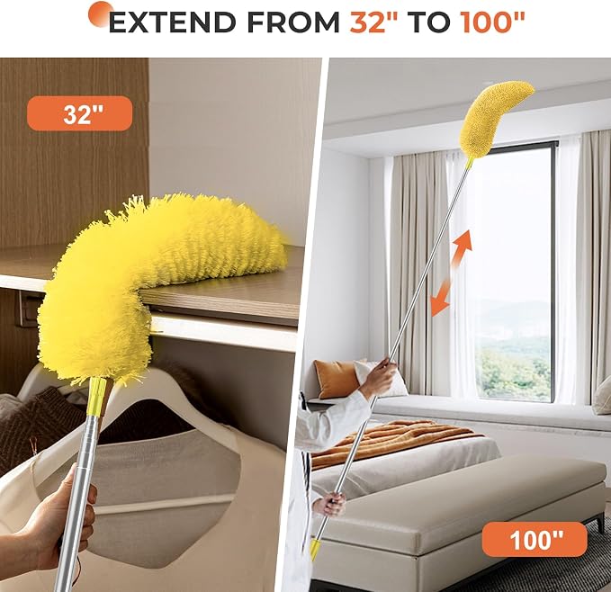 Microfiber Feather Duster, High Ceiling Fans with 30-100 Inch Pole, Green | Bendable and Washable Head Traps Dust Without Scratching, Reaches Blinds, Fixtures, Corners and Cobwebs for Wet or Dry Use