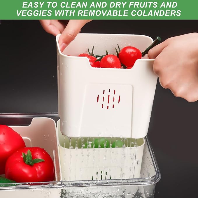 shopwithgreen Fruit Storage Containers for Fridge with Lid and Handle, Portable Fresh Produce Saver, Food Box Container with 4 Removable Colanders for Berry, Vegetable, Refrigerator Organizer Bins