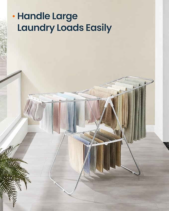 SONGMICS HOME Clothes Drying Rack with Wings, Foldable Laundry Rack with Sock Clips, Drying Clothes, Adjustable Height Airer for Indoor Outdoor Use, Silver and White