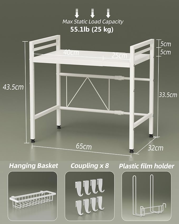 NETEL 2 Tier Expandable Microwave Stand countertop,Microwave Oven Rack | microwave shelf, storage shelf for pans &appliances,with Paper Towel Holder and Baskets，8 Hooks,55lbs max load,White
