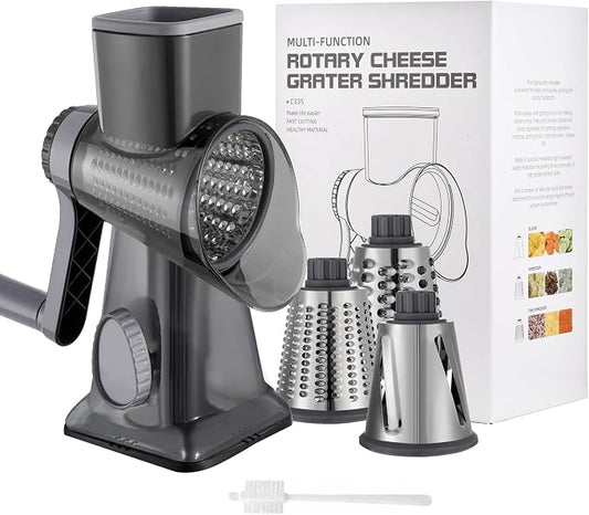 Cheese Grater Hand Crank Rotary Vegetables Shredder with Handle | 3-in-1 Graters, Interchangeable Blades, Non-slip Base, Multifunctional Slicer