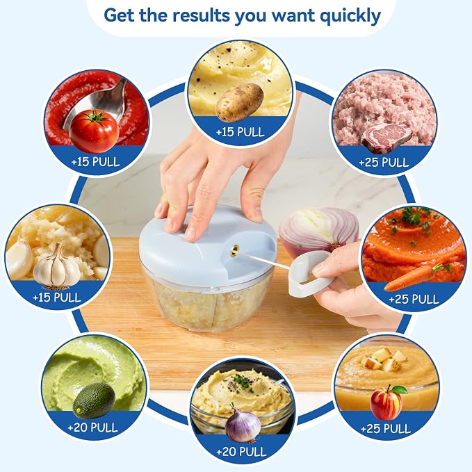 Manual Food Processor Vegetable Chopper, Portable Hand Pull String Garlic Mincer Onion Cutter for Veggies, Suitable for Vegetables, Ginger, Garlic, Fruits, Onion, Potato, Salad (Blue 500 ml)