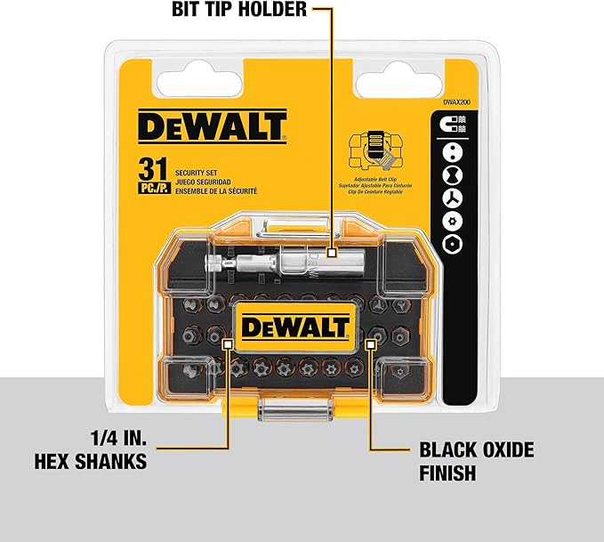 DEWALT Security Bit Set, 31-Piece Screwdriver Bit Set with Case, Universal 1/4 In Hex, Includeds Magnetic Bit Holder (DWAX200)