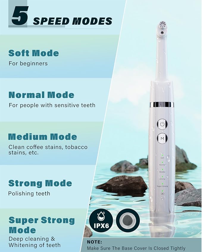 Tooth Polisher, Rechargeable Tooth Whitening Kit for Teeth Cleaning and Whitening, with 3 Tooth Polish Paste and 5 Brush Heads, LED Light, Easy to Use at-Home Personal Dental Care Kit