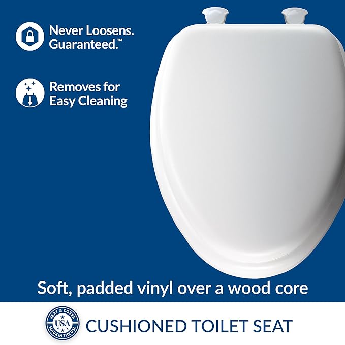 Mayfair Padded Toilet Seat, Cushioned Soft Vinyl over Wood Core Seat, Secure Hinges, Easy Clean, Made in USA, Elongated, White