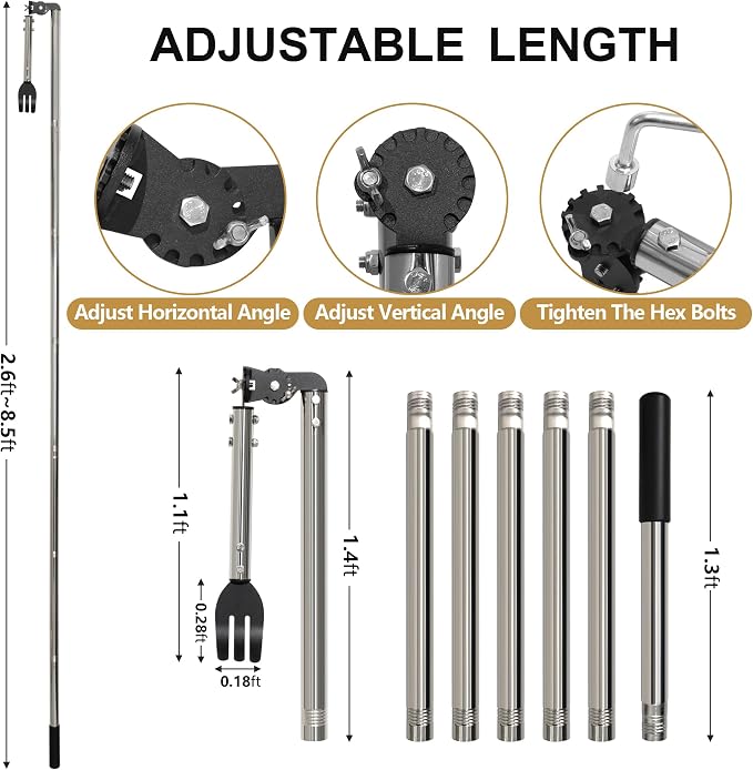 Gutter Cleaning Tools from the Ground, 8.5 FT Dual-Axis Spring Steel Gutter Cleaner, Adjustable Length Gutter Cleaning Pole with Gutter Rake for Leaves, Muck and Roof Debris | Dual-Axis Angle Adjustment