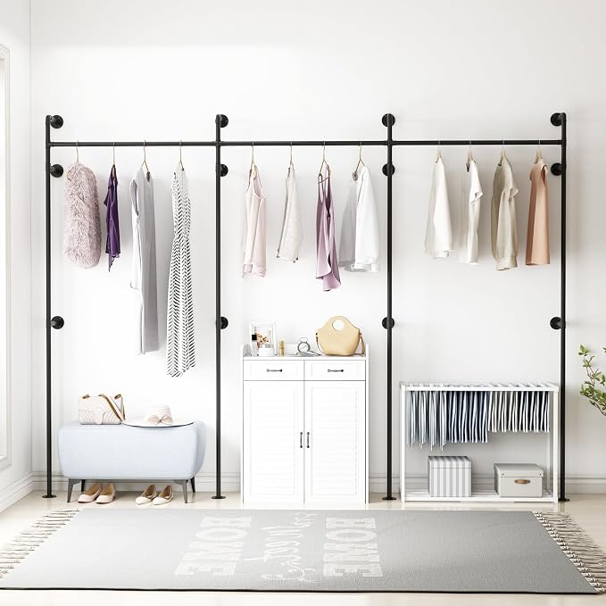 ORSENIGO Industrial Pipe Clothing Rack, Heavy Duty Clothes Rack for Hanging Clothes, Wall Mounted Display Garment Rack for Home Retail Boutique (Three, Black)