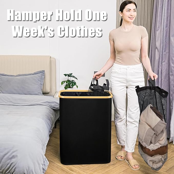 Hampers for Laundry Basket with Lid, 145L Large Laundry Hamper 3 Section | Dirty Clothes Hamper Separator with 3 Removable Bags & 5 Labels, Divided Laundry Organizer for Bedroom, Laundry Room, Black