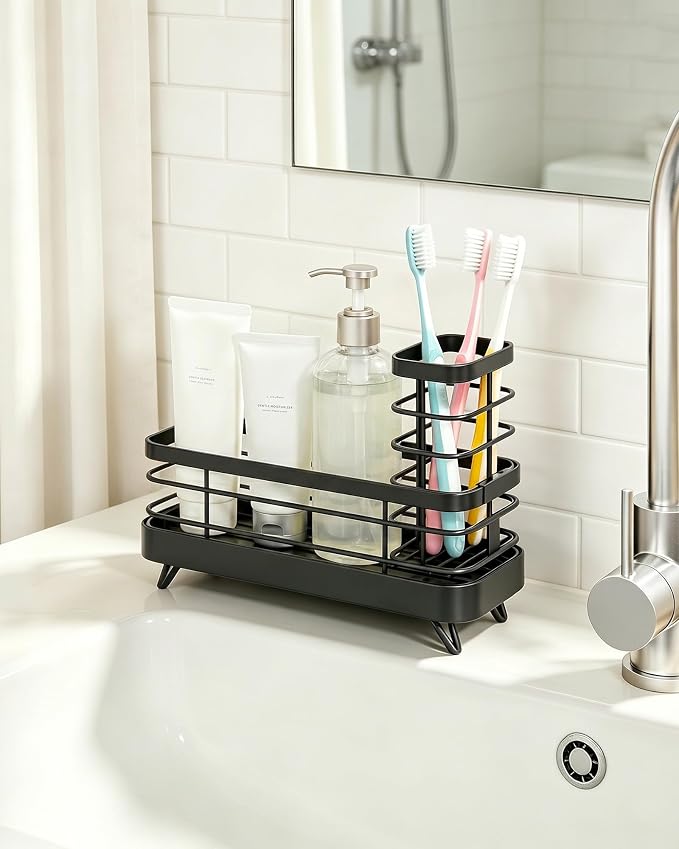 Kitsure Sponge Holder for Kitchen Sink, Self-Draining Sink Caddy, Sink Organizer with Rotating Drain Spout and Movable Brush Holder for Narrow Countertops (Black, 7.9" x 3.5" x 6.0")