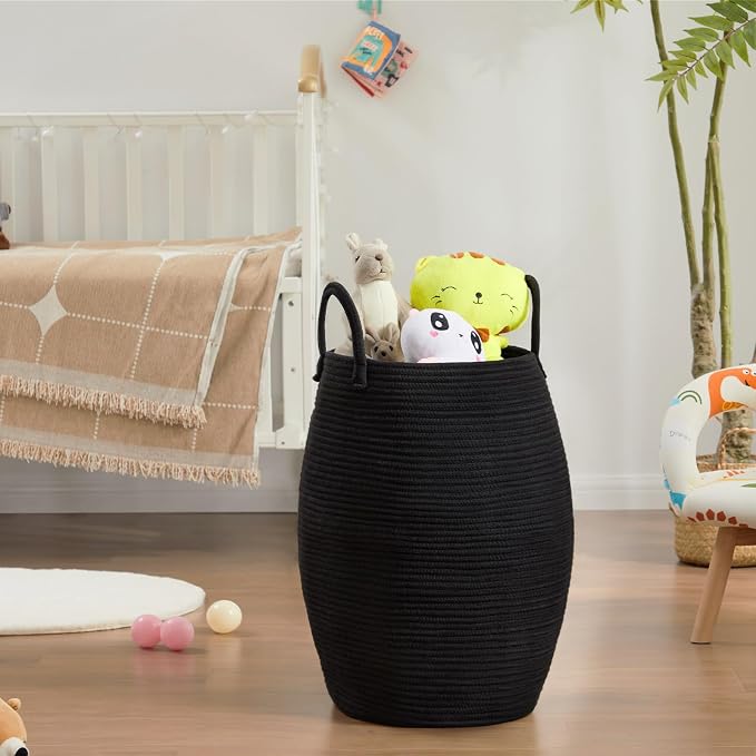 Extra Large Laundry Hamper Basket 105L Woven Blanket Basket, Black | Tall Clothes Hamper, Rope Wicker Laundry Basket, Storage Basket for Toys, Dirty Cothes in Bedroom, Living Room Organizer