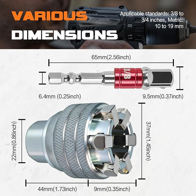 Adjustable Universal Socket Wrench 3/8" Drive, Multi-Function Power Drill Bit Adapter Fits 10-19mm Nuts, Auto Repair Tool for Ratchet, Impact Driver (2 Pack)