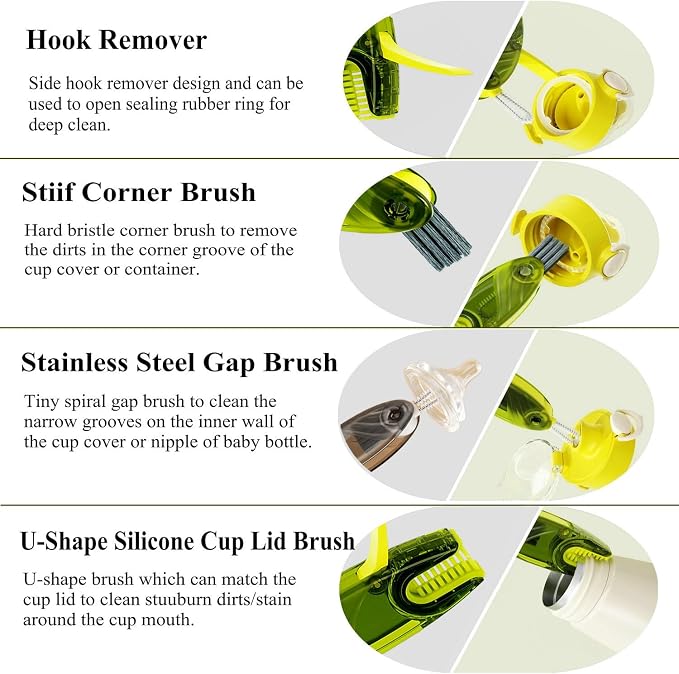 4 in 1 Cup Lid Cleaning Brush Set Multifunctional Bottle Brush Cleaner Tiny Bottle Cup Lid Brush Straw Cleaner Tools Mini Silicone Bottle Cup-Holder Cleaner with Hook Remover Green + Blue