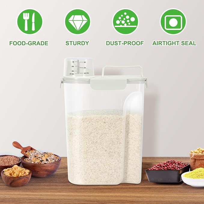 TBMax Airtight Rice Container 10 Lbs, Cereal Dispenser, Pet Cat Dog Food Storage Container, Plastic Kitchen Pantry Food Storage Holder with Cup -Beige