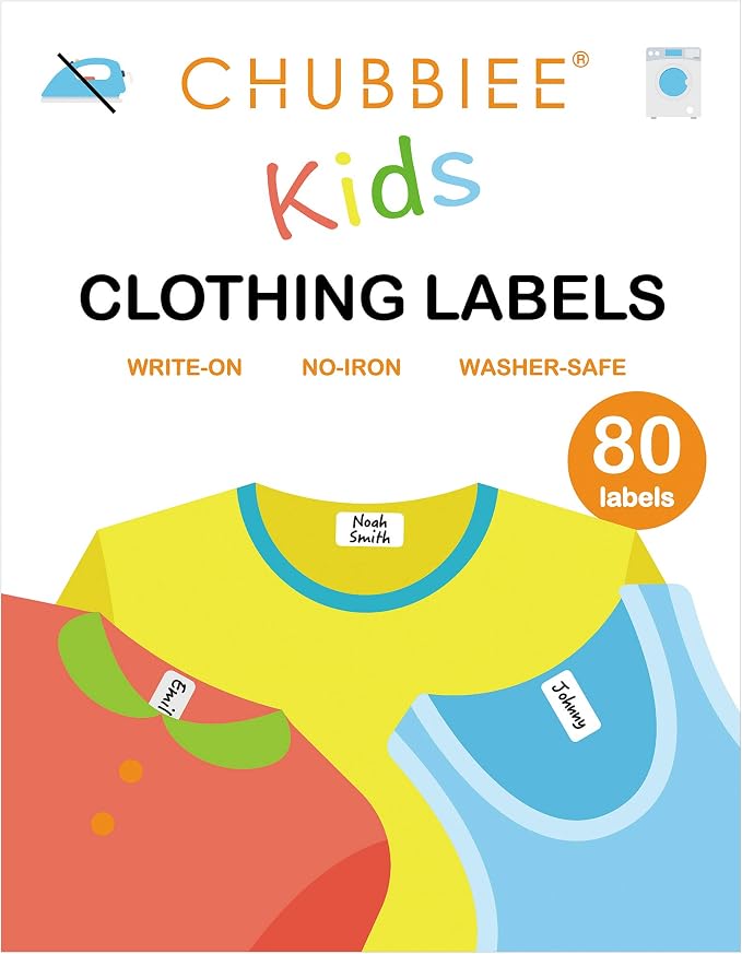 All Purpose No-Iron Kids Clothing Labels, 80-Pack | Self-Stick Write-On Fabric Labels for Camp, School, Daycare, Nursing Care, Toys, Organizing, Washer & Dryer Safe