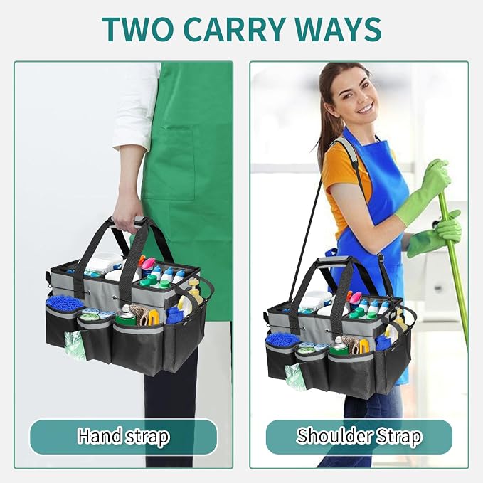 Compact Wearable Cleaning Supplie Bag with Handle Shoulder Straps | Gray Cleaner Caddy, Nylon Wear Resistant & Durable, Multiple Pockets Well Organized for Housekeepers, Horse, Cleaners