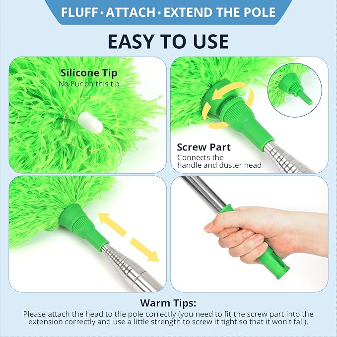 ZZ LAZYCOTTAGE Ceiling Fan Cleaner Duster, Microfiber Feather Duster with Adjustable 91.5" Telescopic Pole & Flexible Head, Extended Dusters for Ceiling Fan, Vents, Home, Blinds, Cars