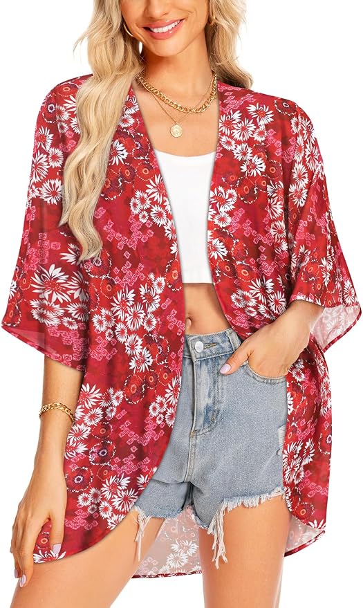 Women Kimono Cardigans Summer Cover Up Hawaiian Shirts Floral Print Tops | ROSEMIA chiffon kimono open front cardigans, beach cover ups, daily casual tops, cruise outfits, summer resort wear