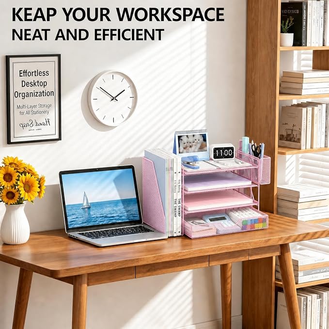 OPNICE Desk Organizer, 4-Tier Desktop File Organizer with Drawer and Pen Holders, Office Desk Accessories, File Sorters, Workspace Organizers for Office Supplies(Pink - Metal Pen Holder)