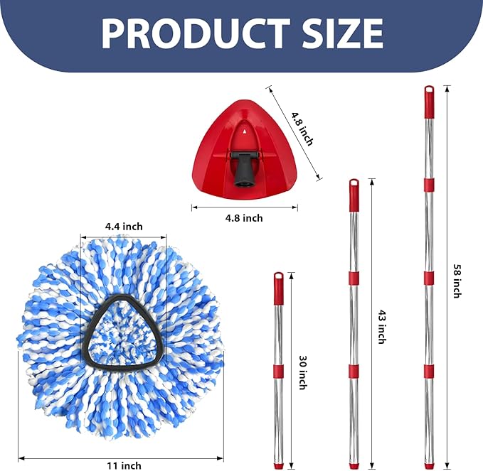 Nuorest Spin Mop Replacement Set for O-Ceda 2-Tank System, Includes 2 Mop Head Replacement, 1 Mop Handle (30-58in Adjustable 4-Section Pole), 1 Spin Base