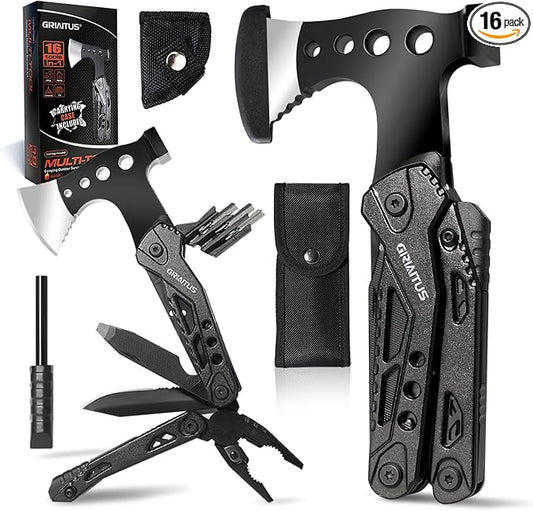 16 in 1 Multitool Camping Survival Gear with Axe Saw Pliers Whistle Hammer | Camping Accessories with Screwdrivers Bottle Opener Multitool-Knife and Gifts for Men Dad Husband Birthday Gifts