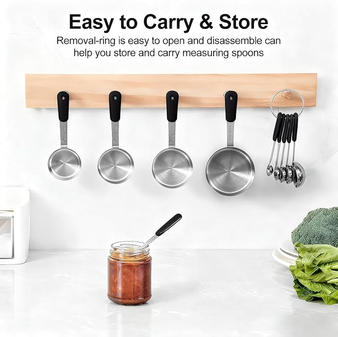 Bopei Measuring Cups and Spoons Set Stainless Steel 10 Piece for Cooking and Baking (5 Cups + 5 Spoons, Black Handle)