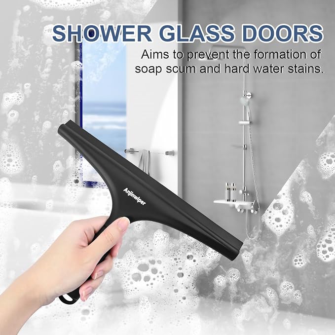 Shower Squeegee for Glass Doors, 10 Inch Bathroom Squeegee for Shower Glass | Silicone Glass Squeegee for Tile Shower Walls, Windows, Mirror, Car Cleaning - Ergonomic Streak free Squeegees, Adhesive Hook