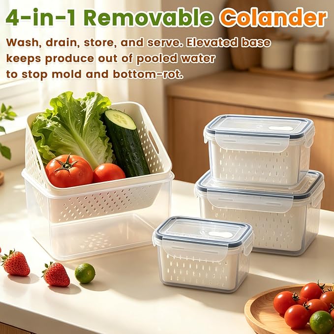 TBMax 8 Pieces Airtight Fruit Storage Containers for Fridge with Air Circulation Vent, 4 Pack Produce Saver with Colander for Berry Lettuce Salad Vegetable Storage, Refrigerator Organizers- Green