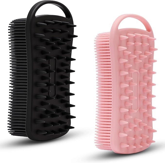 MtBoi 2 PC Silicone Body Scrubber, 2 in 1 Exfoliating Shower Bath Scrubber, Soft Silicone Loofah for Sensitive Skin, Shower Hair Scalp Massager, Easy to Clean, Lather Well (Black&Pink)