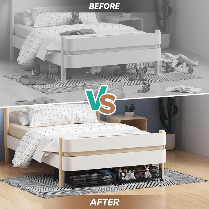 PHINOX Under Bed Storage with Wheels & Handle,Metal,Large,2 Pack,Black | Tool-free assembly, glide smoothly, easy reach, foldable, maxmazie low-profile beds, dorm, keep seasonal clothes, shoes fresh