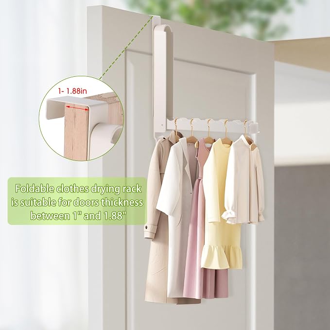Over The Door Drying Rack, 2 Pack White Foldable Clothes Hanger Doors Hooks | Fits Doors Up To 1.88", Foldable Design, 6 Anti-Slip Slots with Extra Hanging Rod, Door Organizer Rack for Laundry Clothes