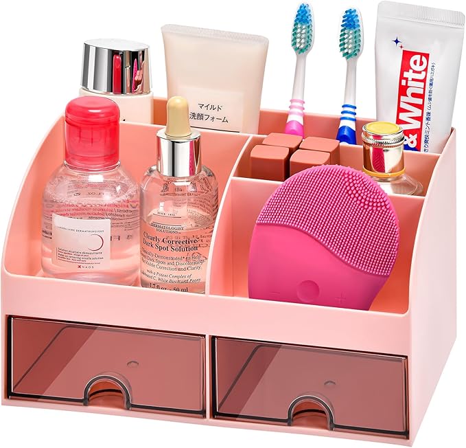 VITVITI Toothbrush Holders for Bathrooms Countertop, 5 Slots Toothpaste Bathroom Counter Sink Organizer with Drawers, Plastic Bathroom Organizer for Vanity/Makeup/Office Pink