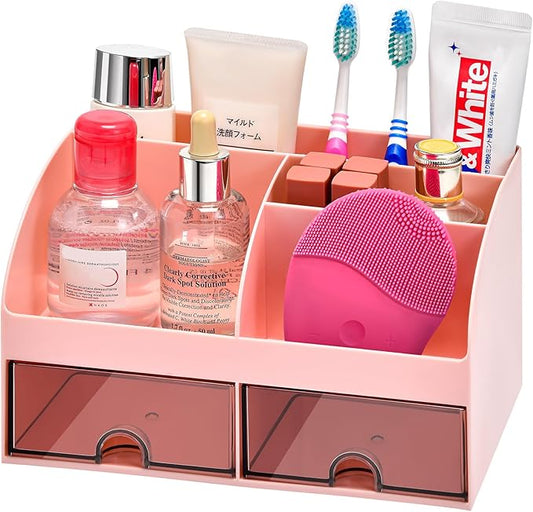 VITVITI Toothbrush Holders for Bathrooms Countertop, 5 Slots Toothpaste Bathroom Counter Sink Organizer with Drawers, Plastic Bathroom Organizer for Vanity/Makeup/Office Pink