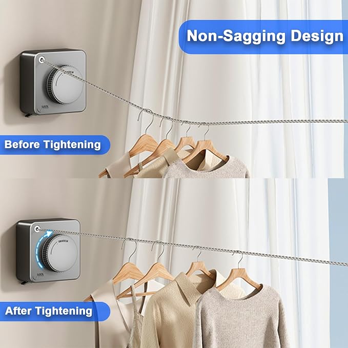 Retractable Clothesline Indoor Outdoor 16.2Ft Non-Sag(1, Gray) | Stainless Steel Heavy Duty Design Laundry Wash Line with Wall Mounted, Space-Saving Drying Rack for Bathroom, Balcony
