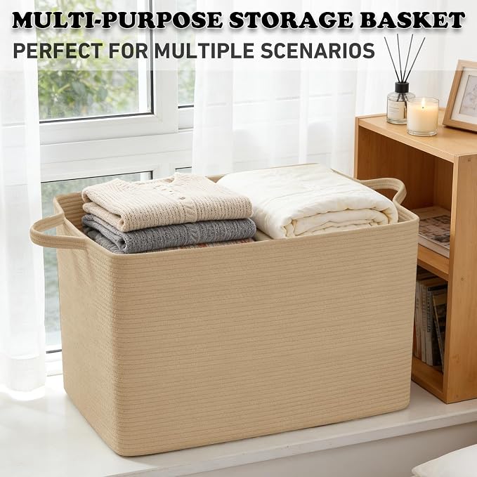 65L Large Laundry Basket with Handles,Woven Blanket Basket,Jute | 21"×16"×12" Collapsible Cotton Rope Storage Basket for Toys Clothes & Pillows, Nursery, Bathroom, Bedroom, Living Room
