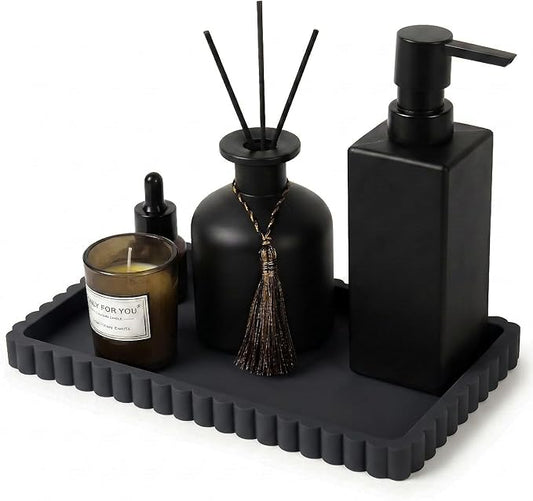 Silicone Bathroom Vanity Tray, Sink Caddy for Dish Soap Dispenser, Sponge Holder for Kitchen Sink, Rectangle Bathroom Countertop Organizer for Perfume, Jewelry, Candle (9.9” * 6”, Black)