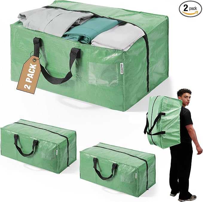 WORKPRO 2 Pack Extra Large Moving Bags with Zippers & Carrying Handles Backpack Straps, Heavy-Duty Storage Tote for Space Saving & Storage, Alternative to Moving Box (Green)