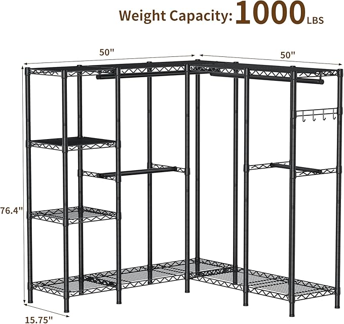 Golpart Heavy Duty Clothes Rack Metal Wardrobe with Adjustable Wire Shelves | Closet Organizers and Storage Clothing Rack Metal System Freestanding Hanging Clothes System Free Standing Garment Coat Racks