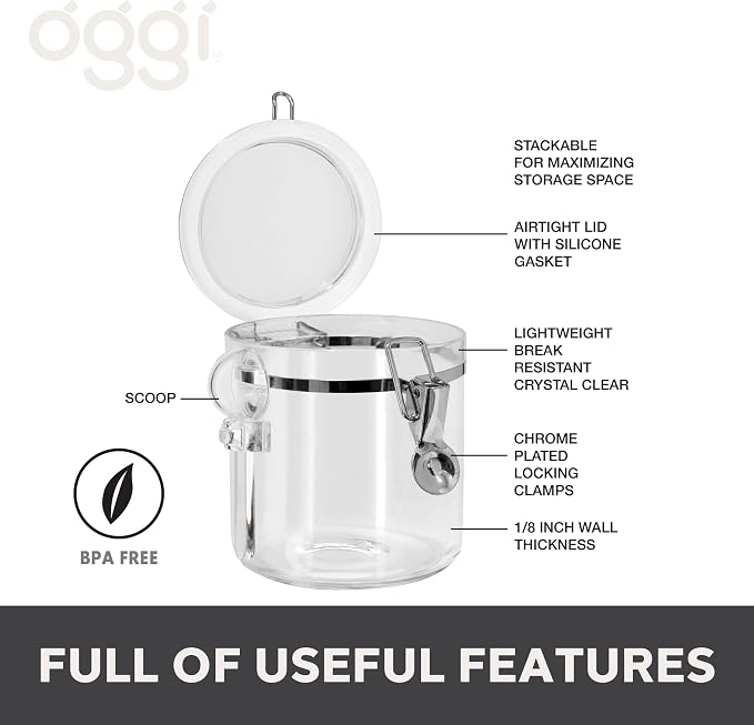 Oggi 4pc Clear Canister Set with Clamp Lids & Spoons - Airtight Food Storage Containers, Ideal for Kitchen & Pantry Storage of Bulk, Dry Food Including Flour, Sugar, Coffee, Rice, Tea, Spices & Herbs