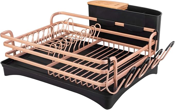 BRIAN & DANY Aluminum Dish Drying Rack, Dish Racks for Kitchen Counter, Dish Drainer with Removable Cutlery Holder & Cup Holder, Unique 360° Swivel Spout Drainboard, 16.5" L x 11.8" W, Golden