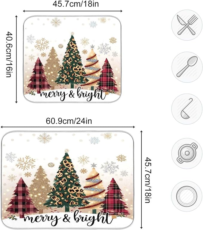 Christmas Tree Golden Dish Drying Mat for Kitchen Countertop 18x24 Winter Snowflake White Xmas Large Drying Mat Reusable Quick Dry Dish Sink Mats Easy Clean Decorative Essentials
