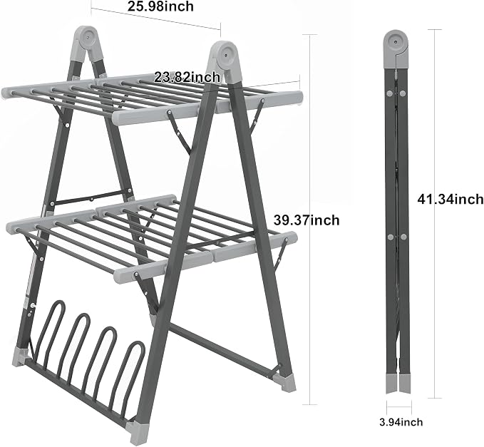 Electric Heated Clothes Drying Rack,Foldable Heated Garment Dryer with Timer Shut-Off Laundry Rack for Clothes Shoes Socks,Aluminum Alloy,Space Gray,Plug & Play,(39.37x25.98x23.82in)
